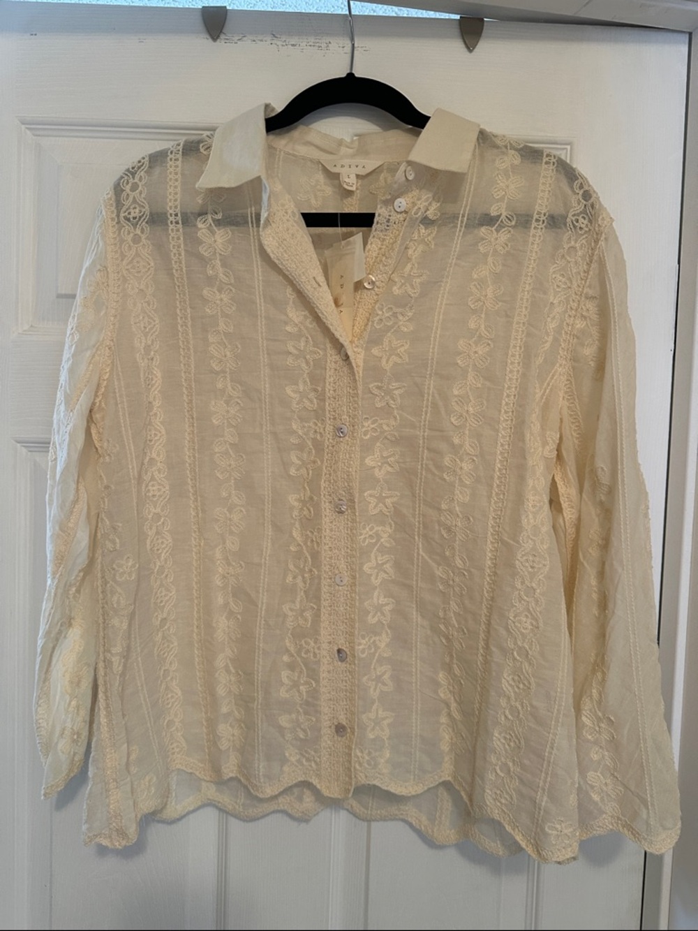 Women's Cream Embroidered Button-Front Blouse